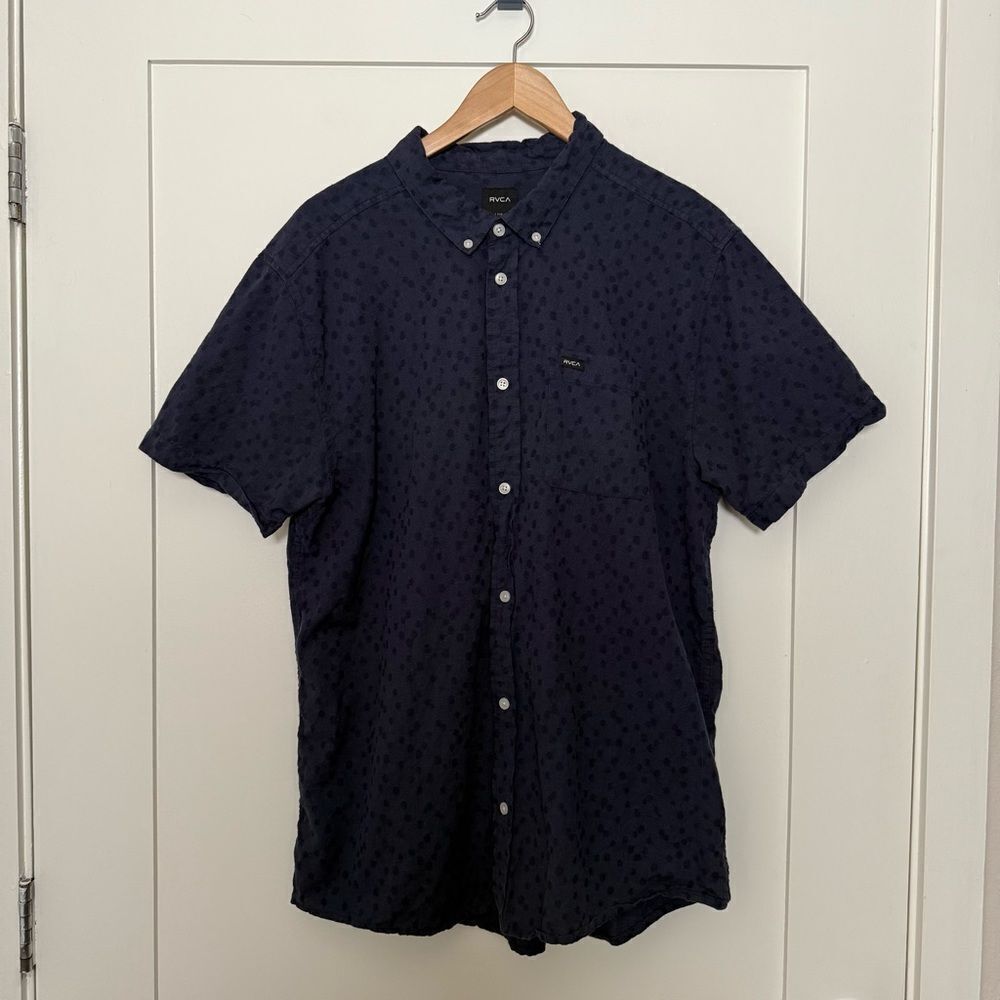 RVCA Shirt Mens Sz XXL Navy Blue Slim Fit Short Sleeve Button Down Preppy Logo